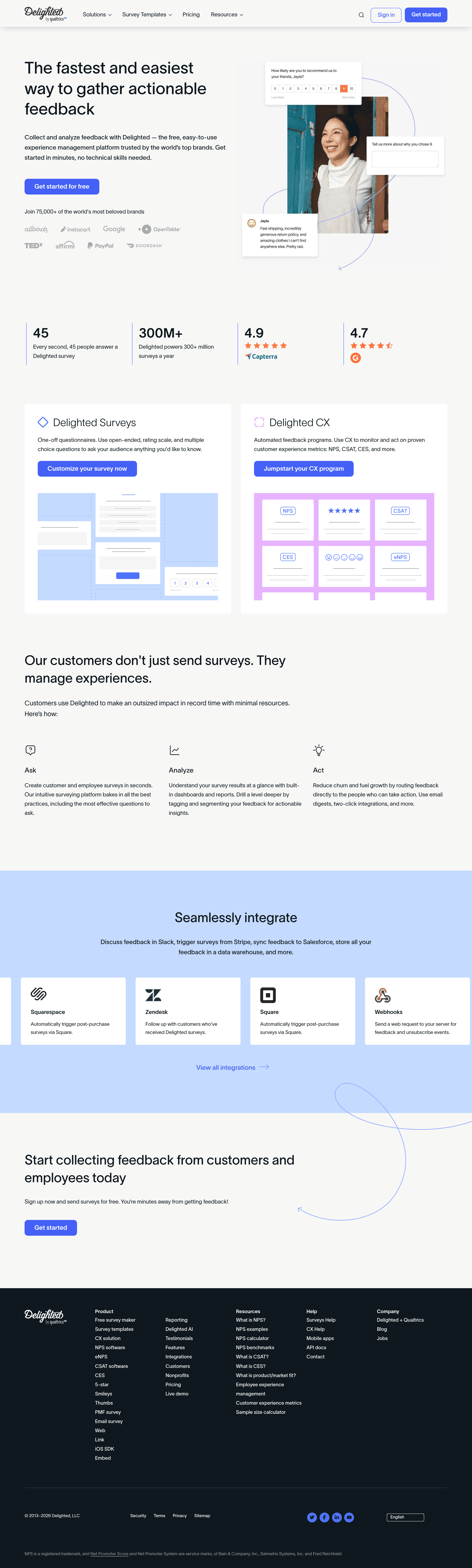 Delighted b2b landing page screenshot
