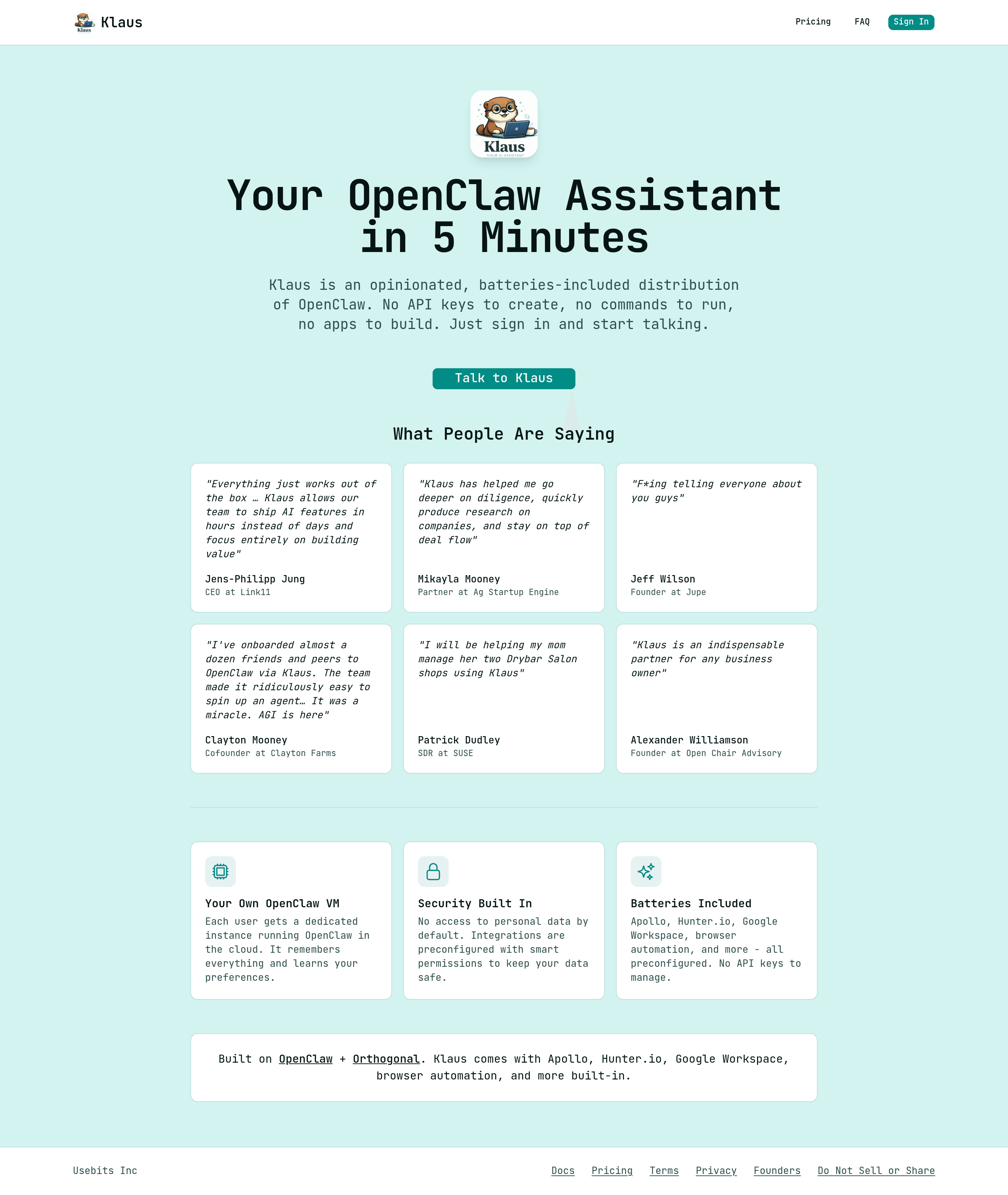 Klaus AI landing page screenshot