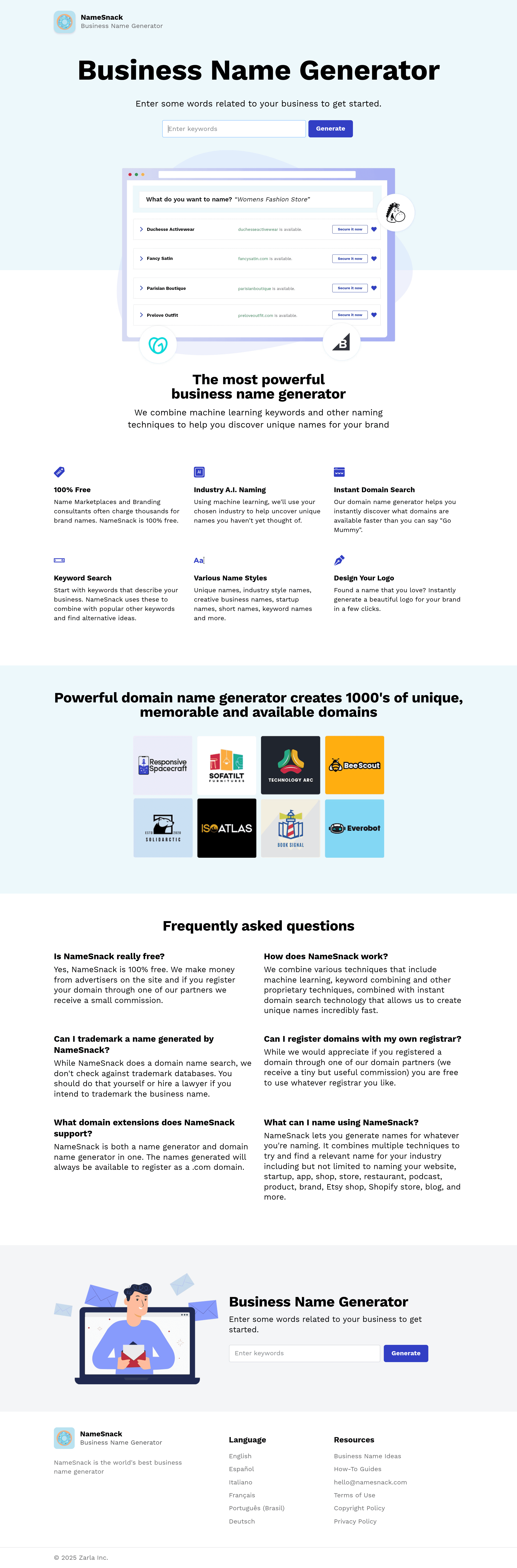 Namesnack b2b landing page screenshot