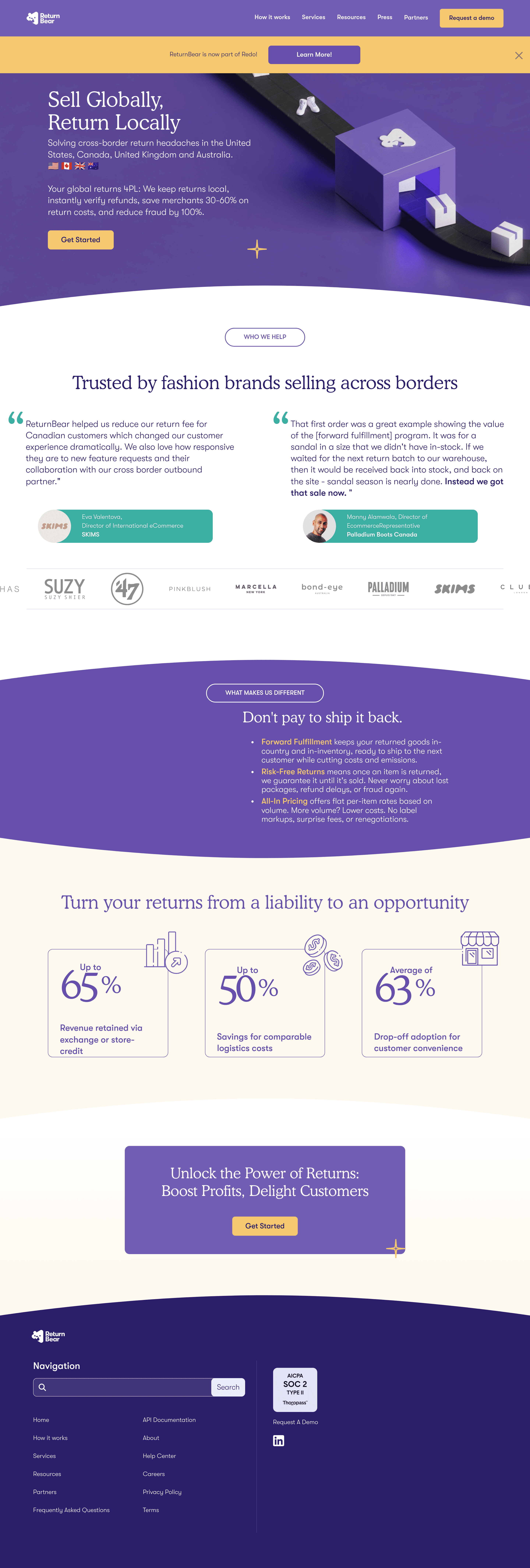 ReturnBear b2b landing page screenshot