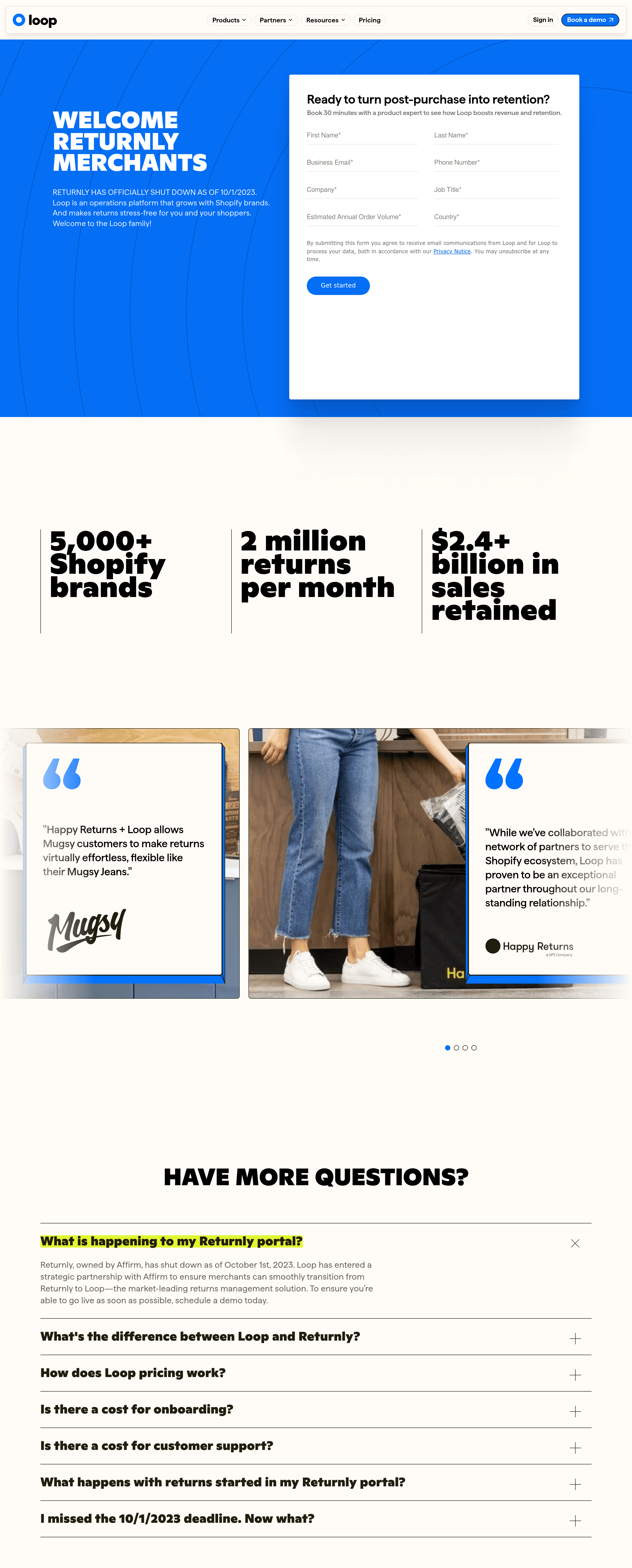 Returnly b2b landing page screenshot