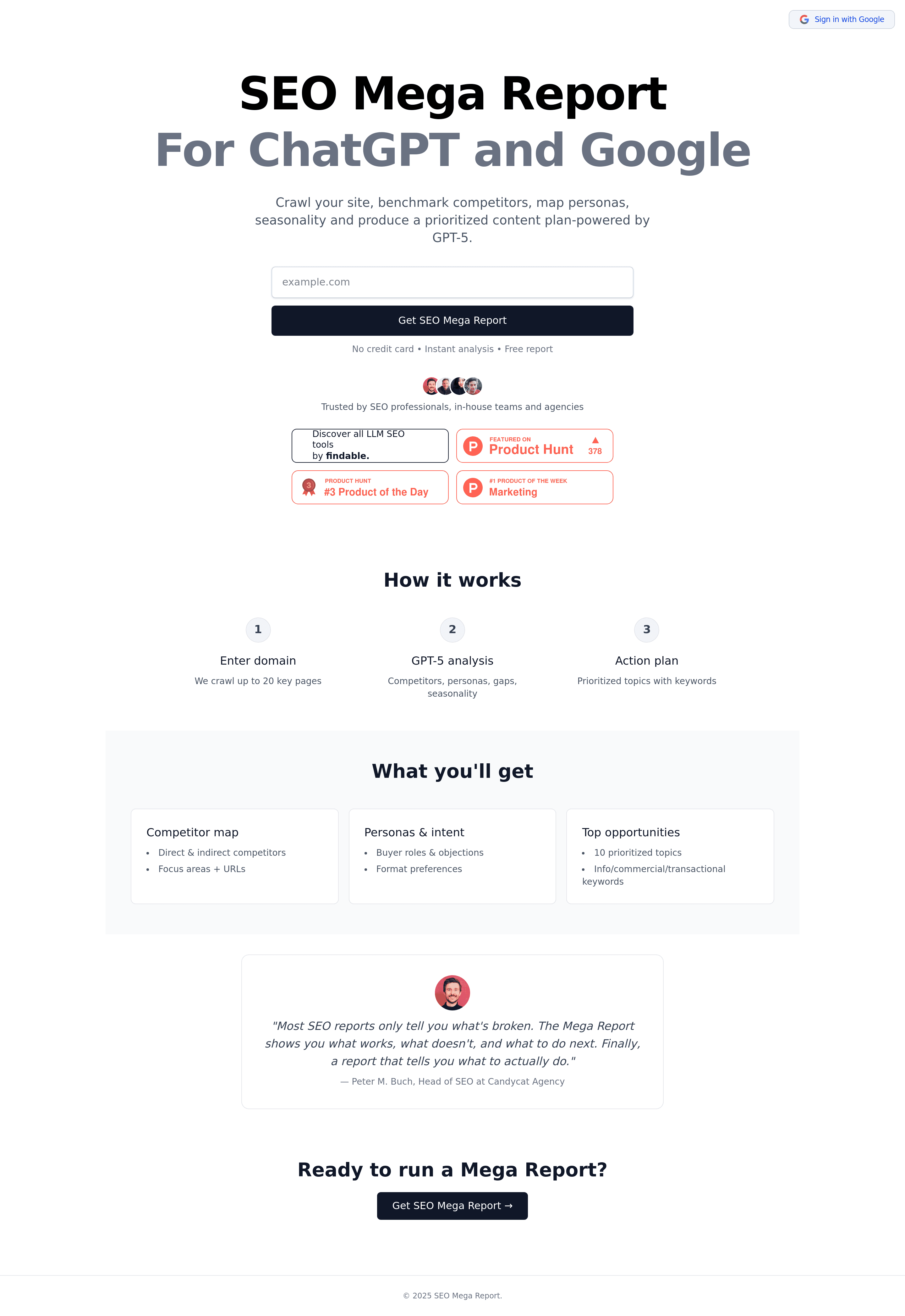 SEO Mega Report landing page screenshot