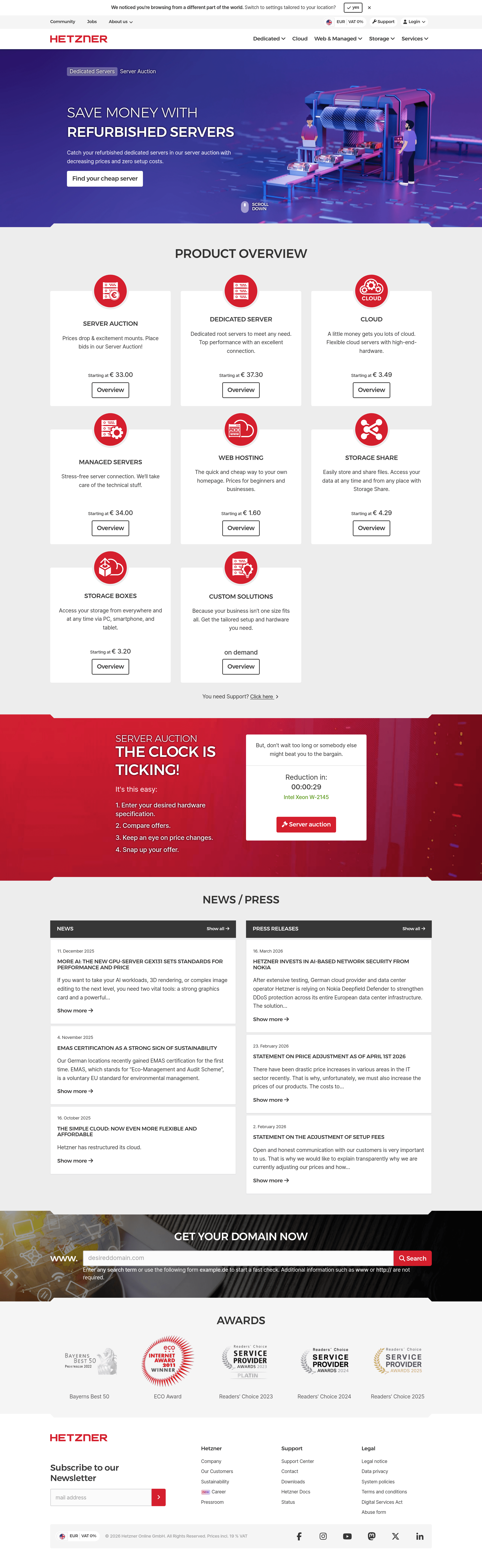 Hetzner Cloud landing page screenshot