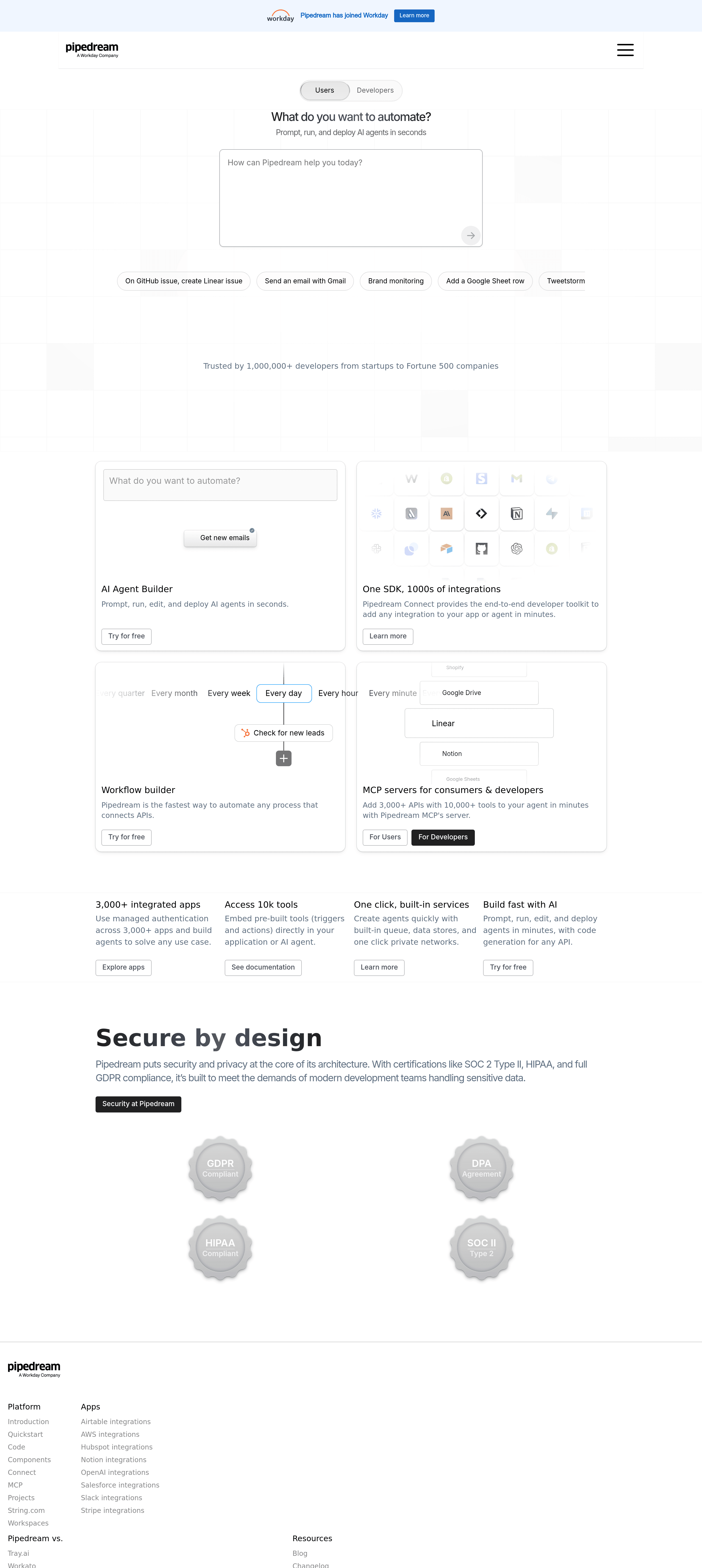 Pipedream landing page screenshot