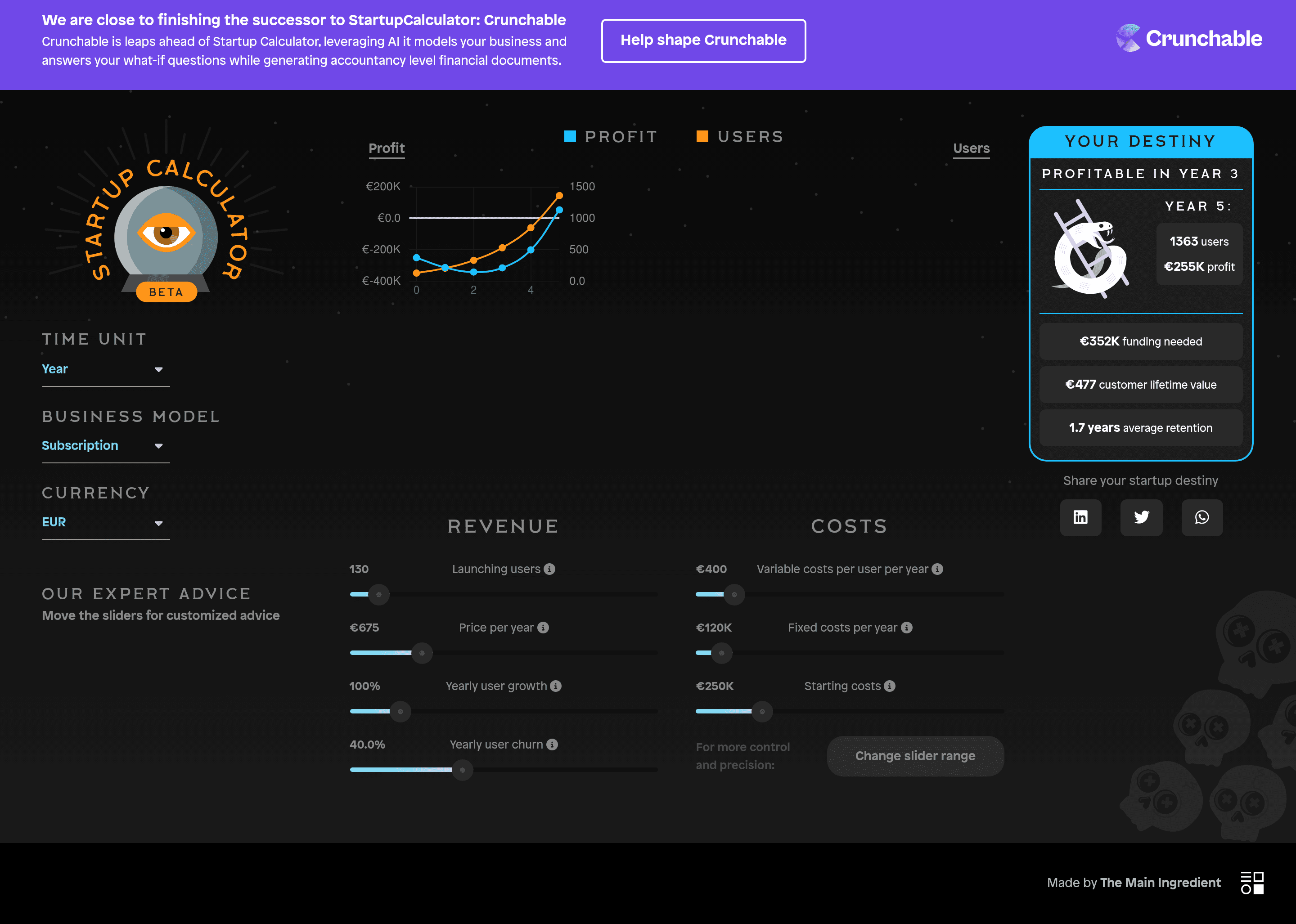 Startup Calculator b2b landing page screenshot